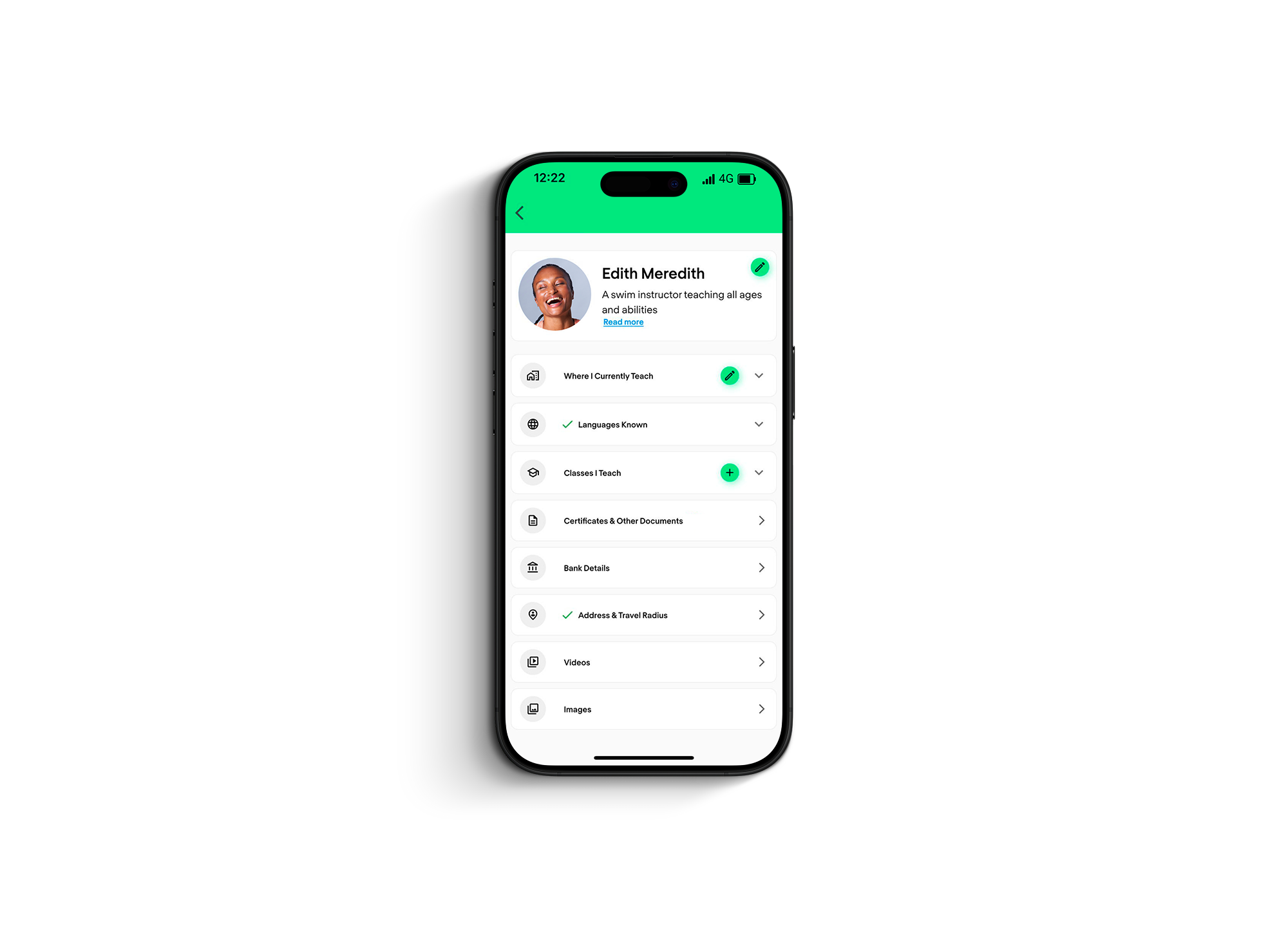 CoverMe instructor profile screen with green-ticked compliance items