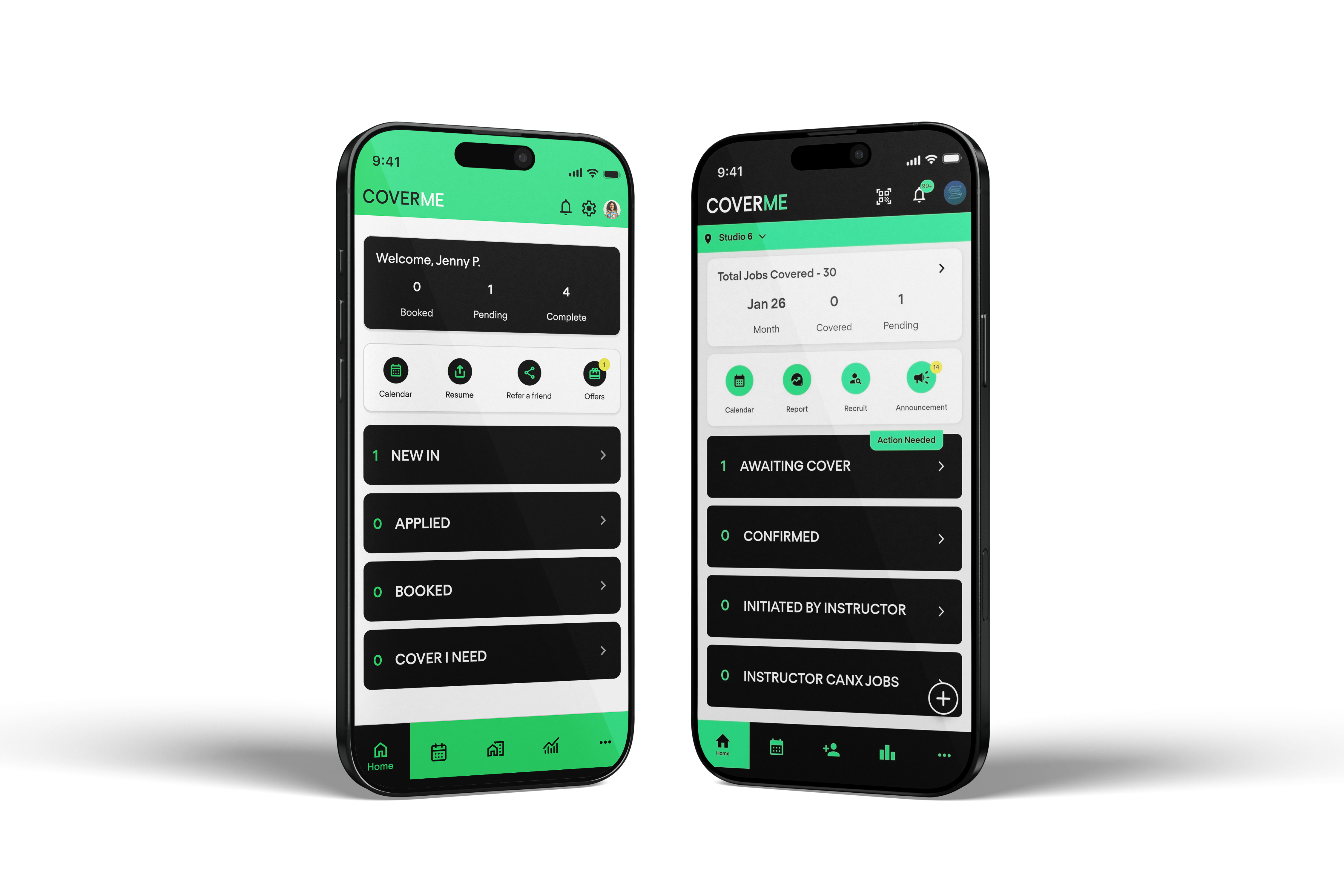 Two phones showing the CoverMe instructor and venue apps with compliance status visible