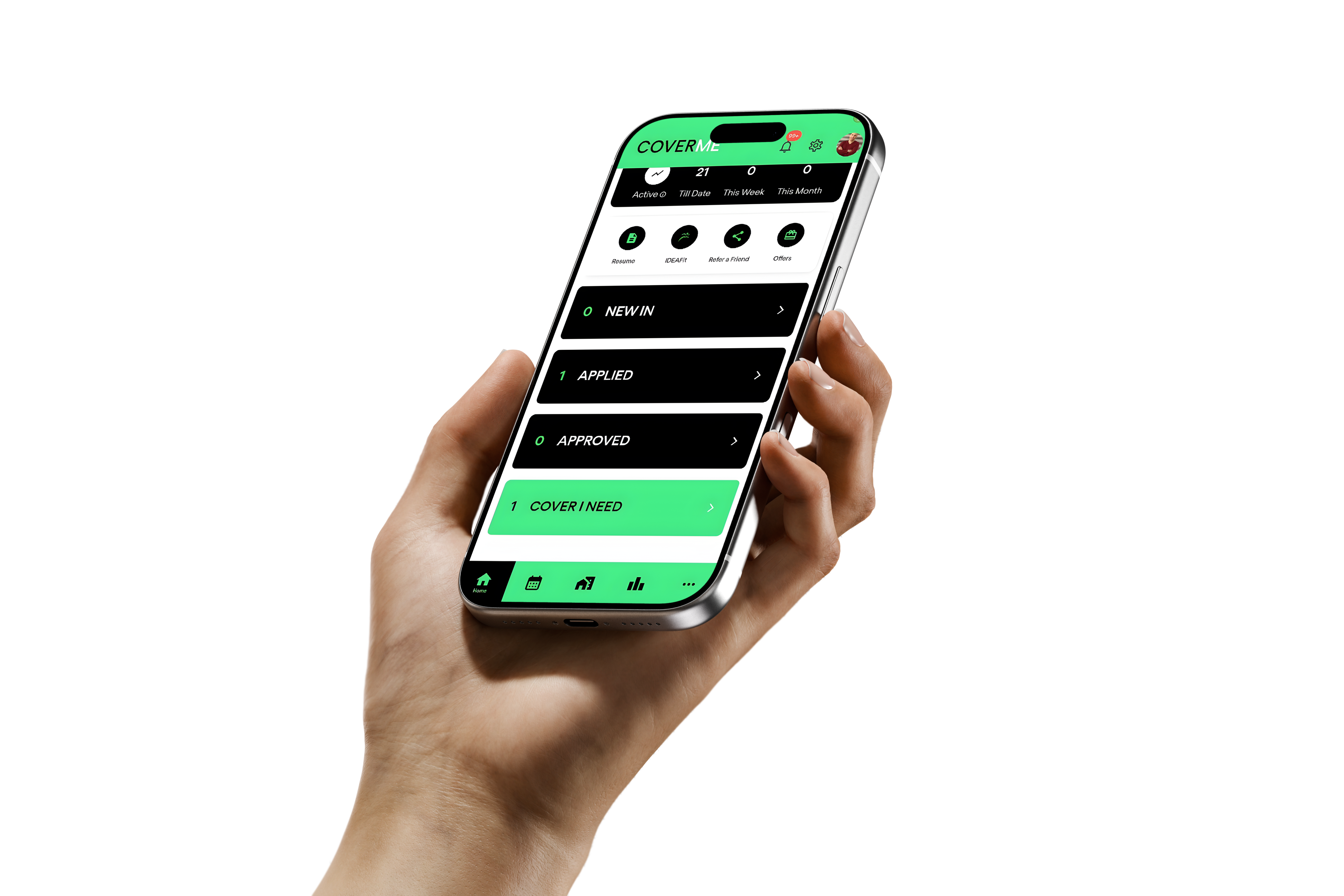 Hand holding iPhone showing the CoverMe instructor app with verified qualifications and compliance dashboard